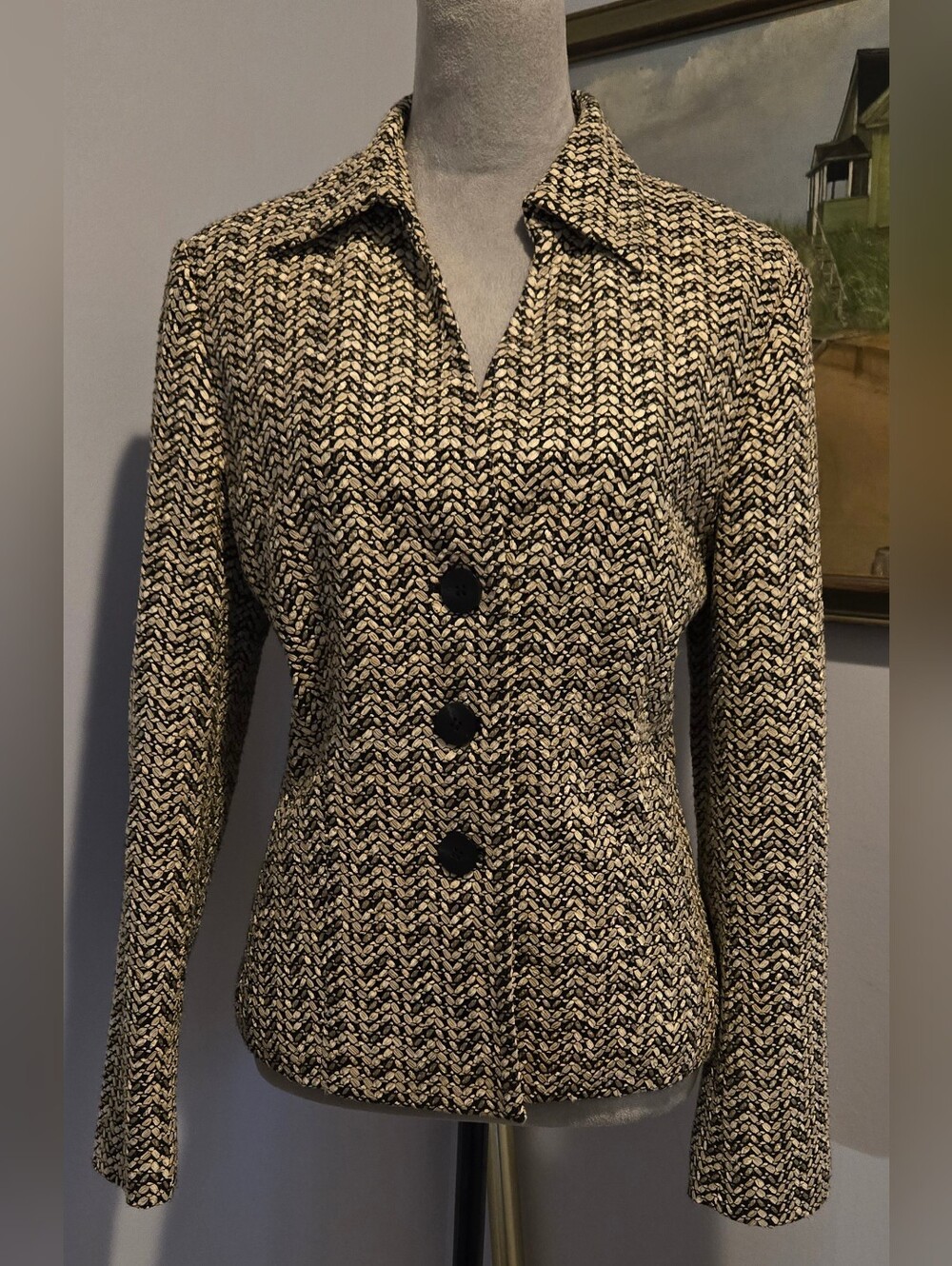 Talbots Black and Cream ribbon-tweed Jacket V neck shaped sz 12